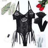 Vienna Lace-Up Sheer Lace 2 Piece Black Bodysuit Lingerie By Coco