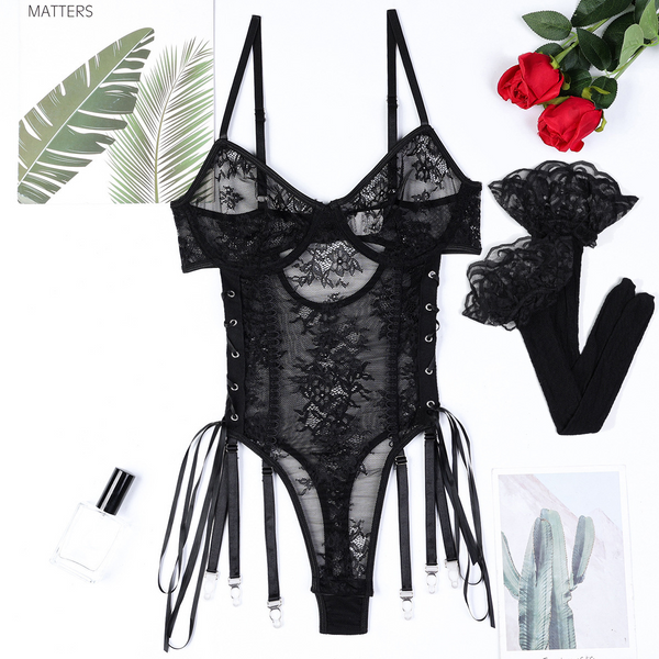 Vienna Lace-Up Sheer Lace 2 Piece Black Bodysuit Lingerie By Coco