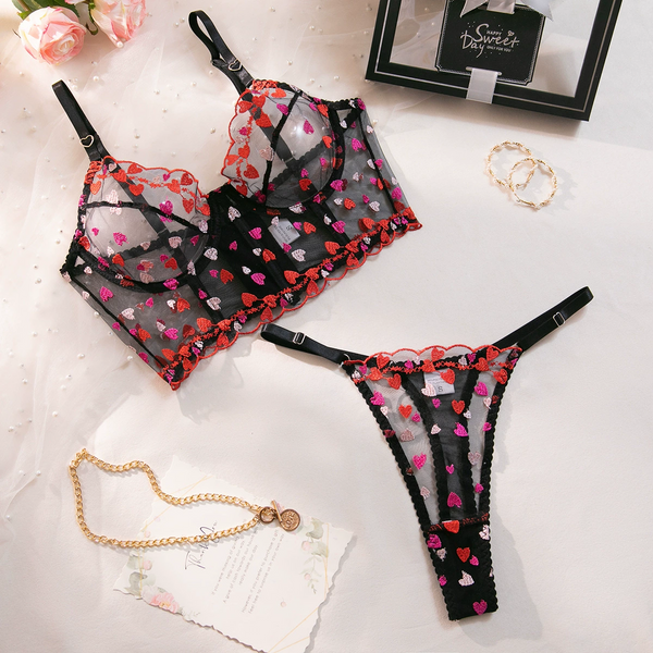 Amora Sheer Heart Embroidered 2 Piece Lingerie Set Lingerie By Coco